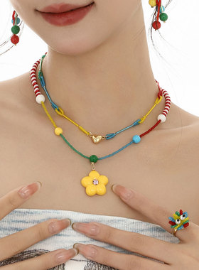 蒜了彩色花朵项链可爱叠戴少女感锁骨链甜美多巴胺颈链不撞款原创
