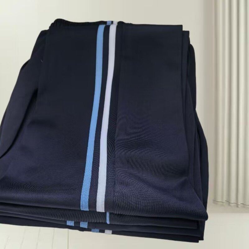 春秋南韩丝浅蓝条校服裤藏蓝色运动裤男直筒高中初中学生女休闲裤