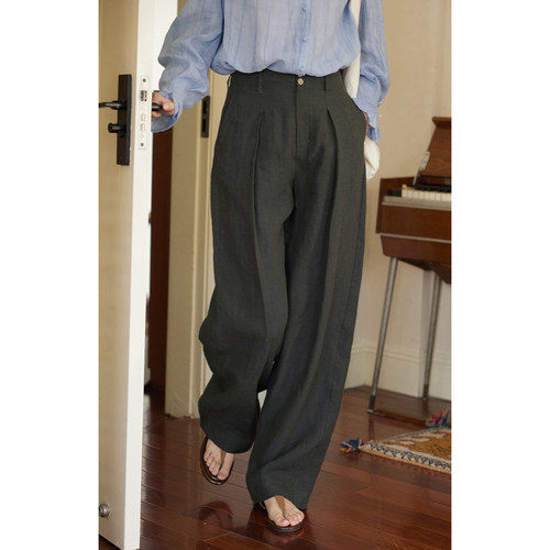 solighter法式亚麻弯刀阔腿裤