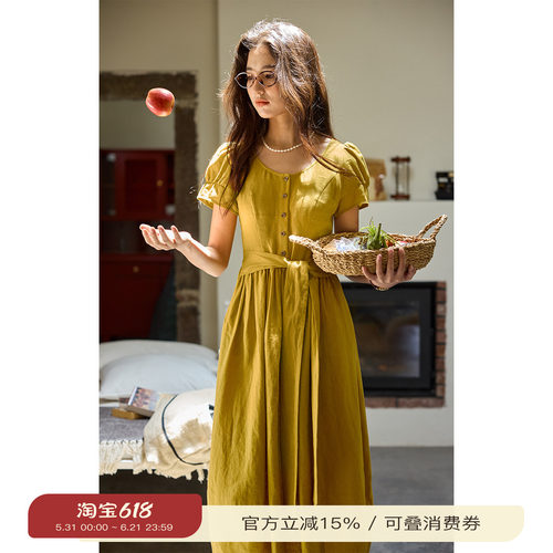 solighter法式亚麻泡泡袖连衣裙