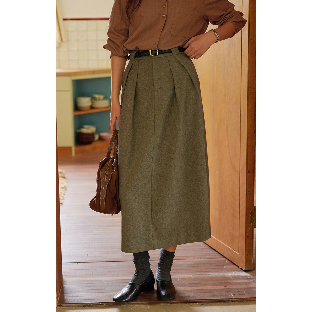 solighter 法式羊毛高腰花苞裙半身裙女秋冬2025新款显瘦毛呢长裙