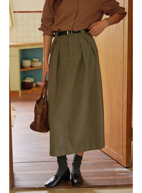 solighter 法式羊毛高腰花苞裙半身裙女秋冬2025新款显瘦毛呢长裙