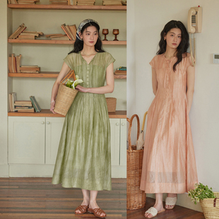 solighter 法式莱赛尔v领系带连衣裙夏季显瘦收腰长裙