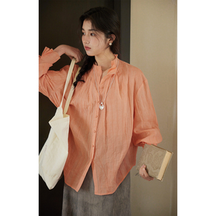 法式 宽松薄款 亚麻天丝木耳边立领衬衫 新款 上衣 女春季 solighter