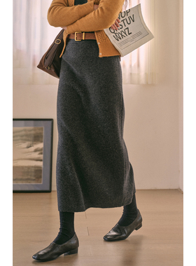 solighter 100%羊毛针织半身裙女秋冬2025新款高腰直筒显瘦长裙