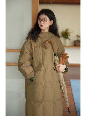 solighter 90白鸭绒吐司双排扣连帽羽绒服冬季2025新款长款面包服