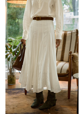 solighter法式复古白色高腰a字半身裙女秋季2025新款显瘦伞裙长裙