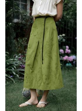 solighter 法式复古绿色高腰提花半身裙女夏季2025新款中长款裙子