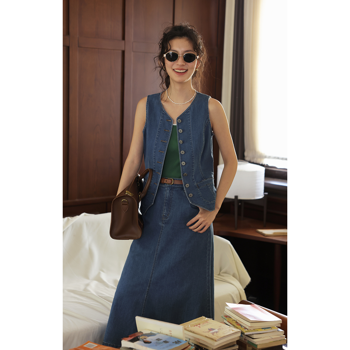 solighter法式v领收腰牛仔马甲