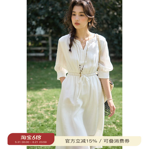 solighter法式苎麻中袖连衣裙