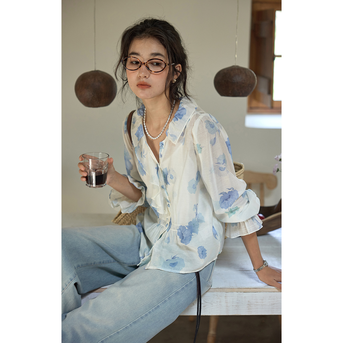 solighter法式荷叶边碎花衬衫