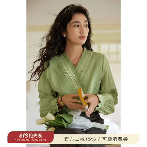 solighter法式v领花边长袖衬衫