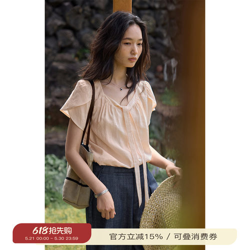 solighter法式飘带花瓣袖衬衫