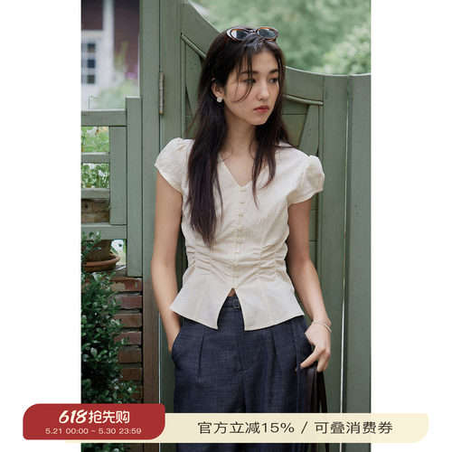 solighter 法式复古捏褶短袖v领衬衫女短袖衬衣