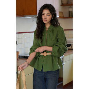 法式 复古宽松长袖 100%亚麻立领衬衫 2026新款 上衣 女春季 solighter