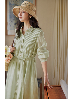 solighter 法式白色苎麻天丝打条连衣裙夏季2025新款收腰衬衫裙
