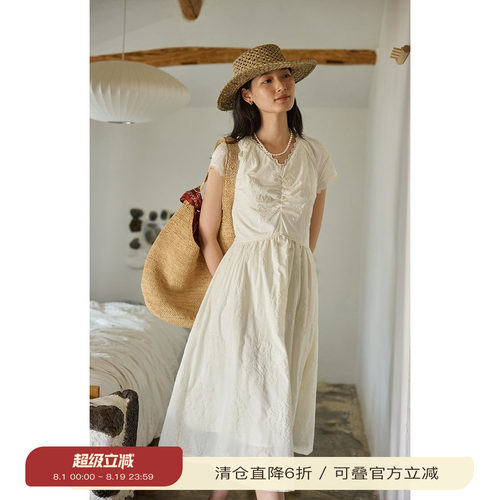solighter法式提花v领收腰连衣裙