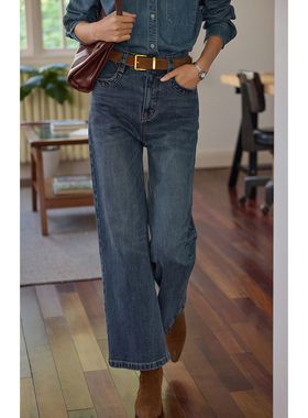 solighter 法式复古蓝色高腰直筒牛仔裤女秋冬2025新款显瘦长裤