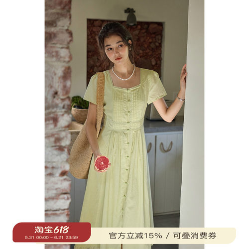 solighter法式方领木耳边连衣裙