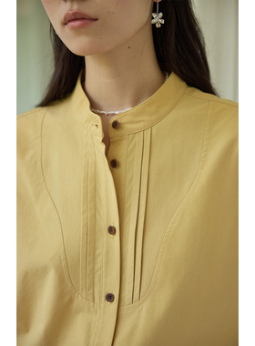solighter 法式复古黄色立领长袖衬衫女秋季2025新款气质宽松衬衣