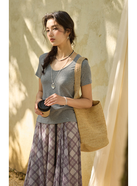 solighter 法式莱赛尔混纺灰色u领T恤女夏季2025新款正肩短袖上衣