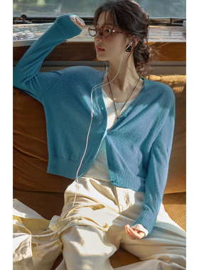 solighter羊驼毛蓝色假两件针织衫女秋季2025新款显瘦v领针织开衫