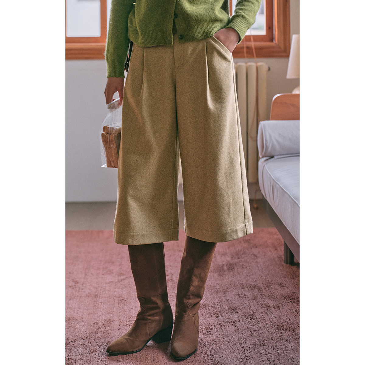 solighter羊毛混纺阔腿七分裤