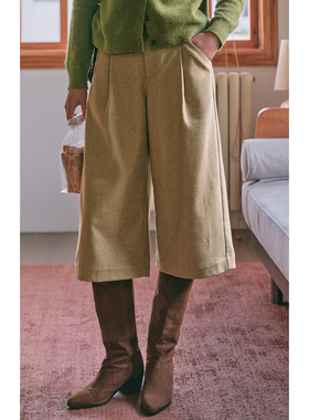 solighter法式复古羊毛混纺阔腿七分裤女冬季2025新款直筒a字中裤