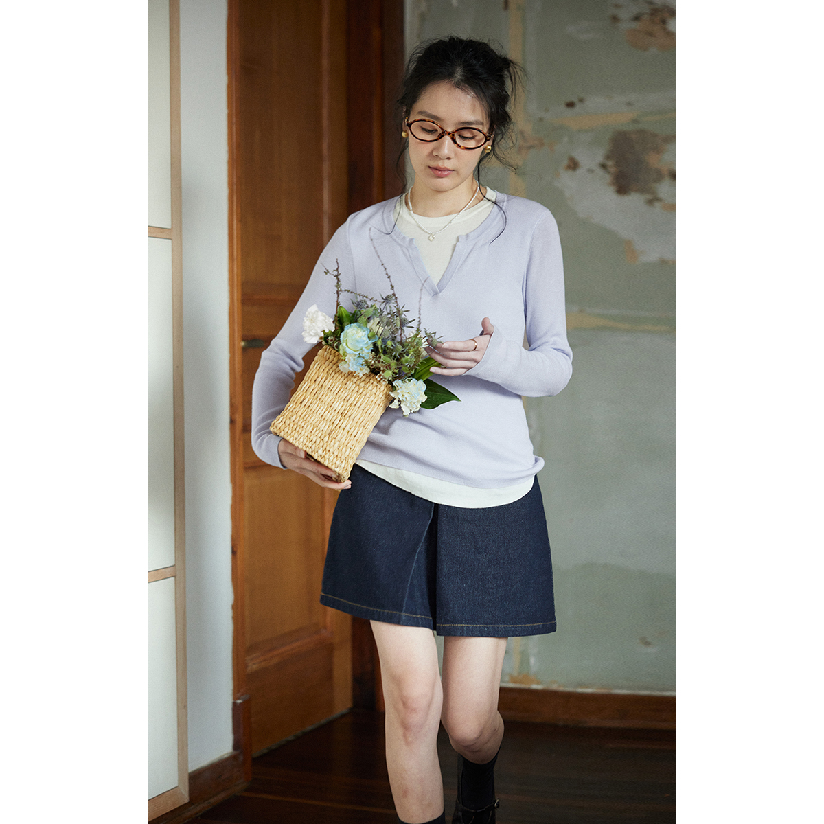 solighter羊毛假两件v领针织衫