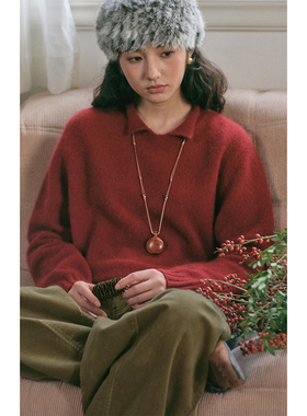 solighter 安哥拉兔毛卷边领套头毛衣女秋冬2025新款复古宽松上衣