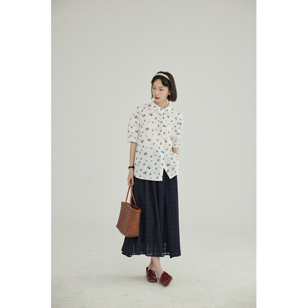 solighter格纹短袖衬衫法式宽松