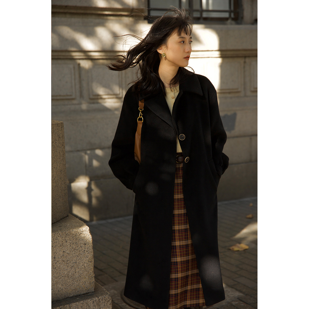 solighter羊毛系带收腰大衣女2025冬新款西装领中长黑色毛呢外套,女装/女士精品,毛呢外套,淘宝优惠券,粉丝福利购,淘宝优惠卷