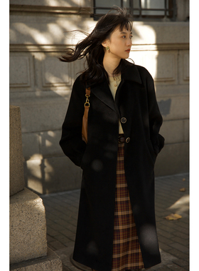 solighter羊毛系带收腰大衣女2025冬新款西装领中长黑色毛呢外套