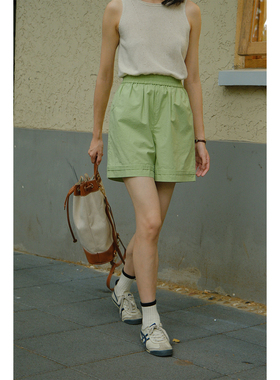 solighter 酵洗精棉绿色休闲短裤女夏季2025新款法式复古宽松中裤