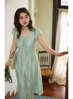 solighter 法式天丝亚麻绿色小飞袖连衣裙女夏季2025新款收腰长裙