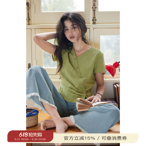 solighter法式不对称v领收腰衬衫