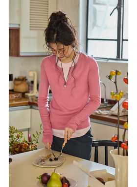 solighter 法式粉色羊毛假两件v领针织衫女秋季2025新款内搭上衣