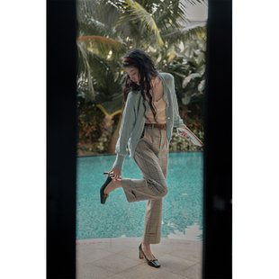 solighter法式 2025春新款 高腰显瘦直筒九分休闲裤 复古格纹阔腿裤