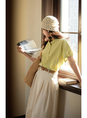 solighter 法式绿色翼领抽绳肌理条纹衬衫女夏季2025新款宽松衬衣