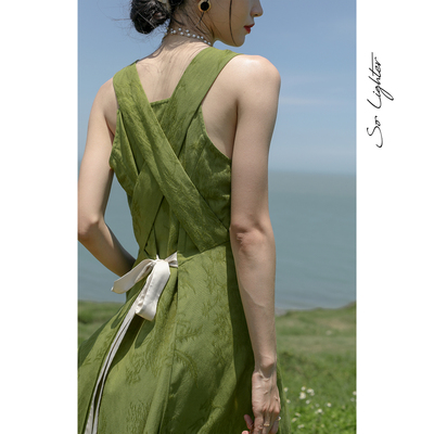 solighter 背心吊带连衣裙气质无袖绿色显瘦露锁骨美背长裙夏季