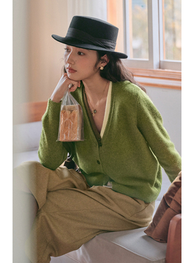 solighter兔毛羊毛混纺假两件撞色v领针织开衫女秋冬新款气质毛衣