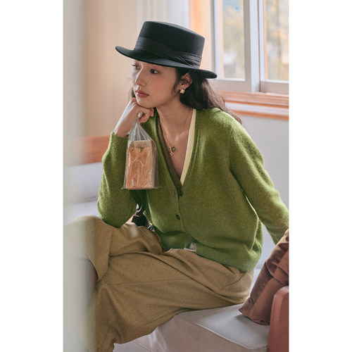 solighter假两件撞色v领针织开衫