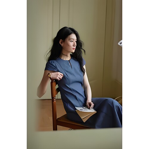 solighter 法式一粒扣圆领收腰连衣裙夏季长裙