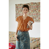 2025新款 solighter 女夏季 复古苎麻v领衬衫 显瘦宽松衬衣上衣 法式