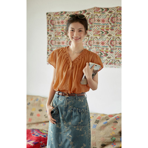 solighter法式苎麻v领衬衫