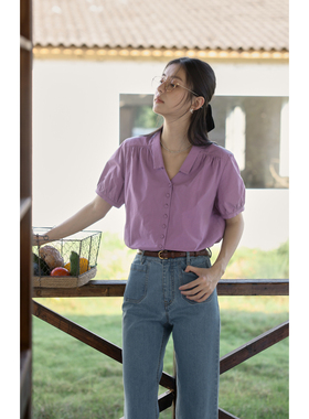 solighter法式紫色v领灯笼袖衬衫女夏季2025新款显瘦短袖衬衣上衣