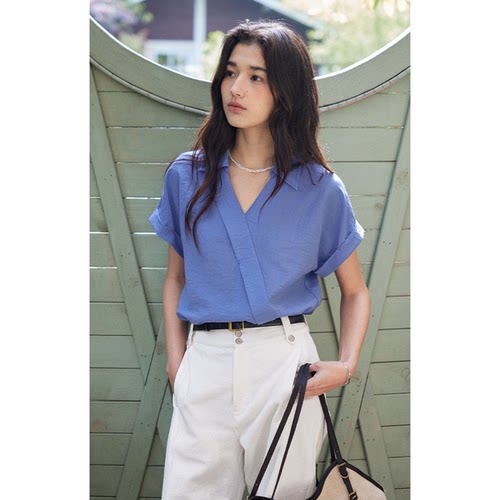 solighter 法式亚麻混纺v领短袖衬衫女夏季2026