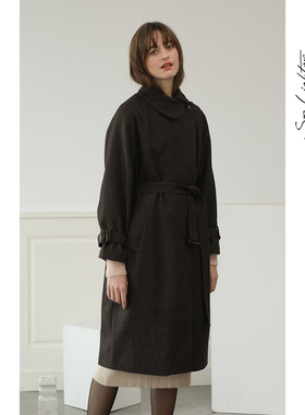 solighter赫本风黑色大衣中长款女秋冬花苞领宽松羊毛呢外套
