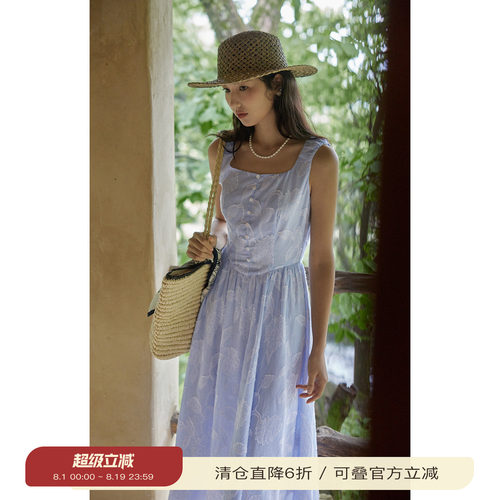 solighter法式方领无袖连衣裙