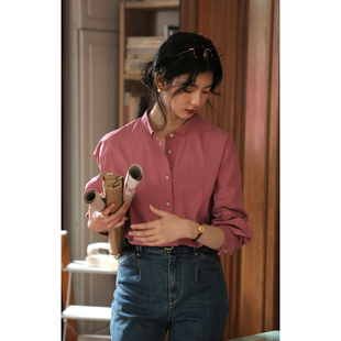 长袖 solighter 女秋冬2025新款 复古纯棉加厚立领衬衫 衬衣上衣 法式